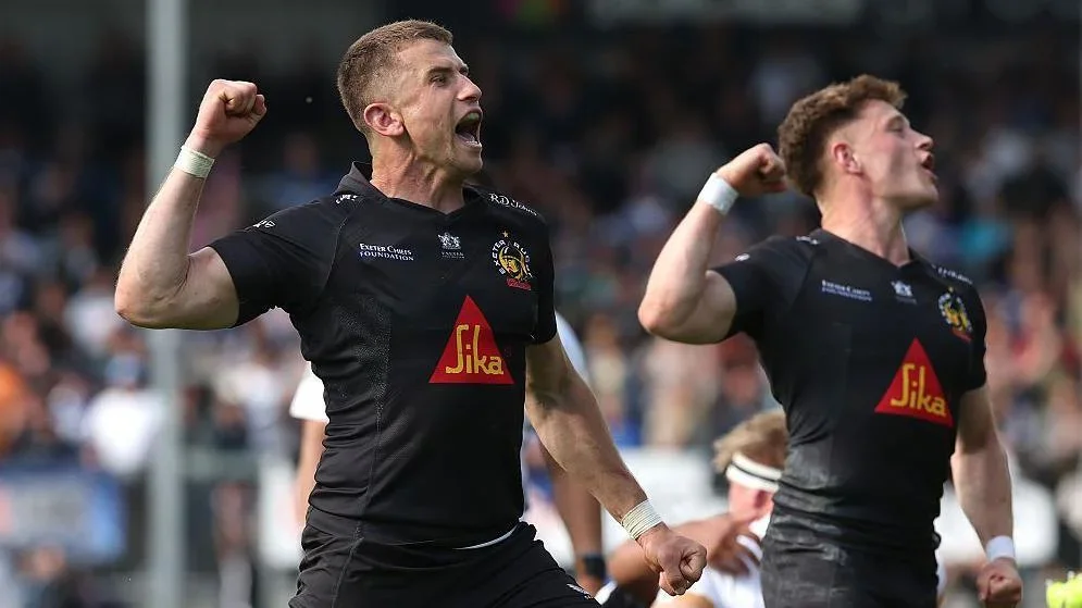 Exeter half-back partnership Harvey Skinner and Stephen Varney celebrate victory over Bath
