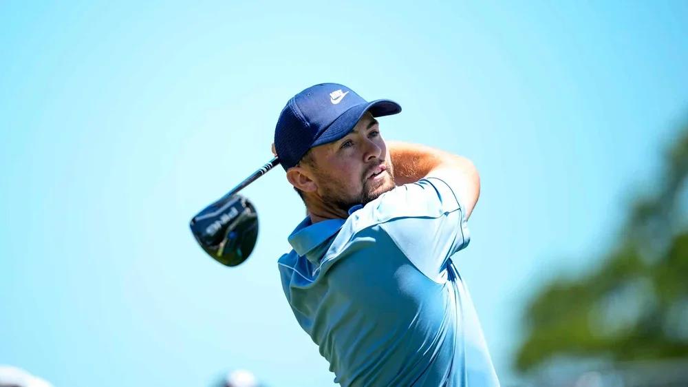 Alex Fitzpatrick tees off during the second round of Truist Championship