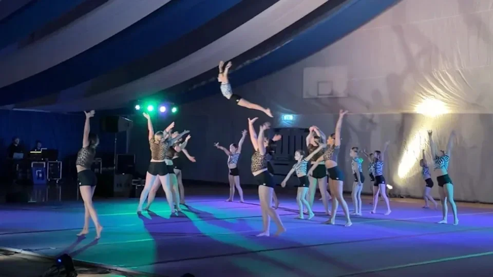 Acrobatic gymnasts performing in the South West Gymnastics Festival. They are wearing leopard print tops and black shorts. The gymnasts have their hands in the air in a circular formation, with one posing mid air having been thrown for a stunt.