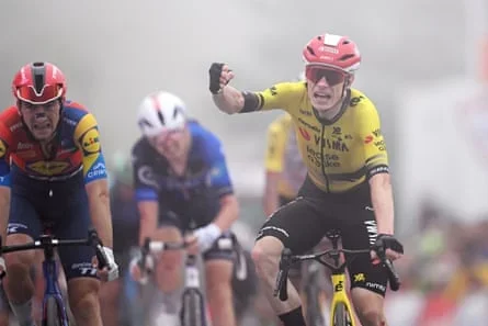 Jonas Vingegaard celebrates after winning stage two of the 2025 Vuelta